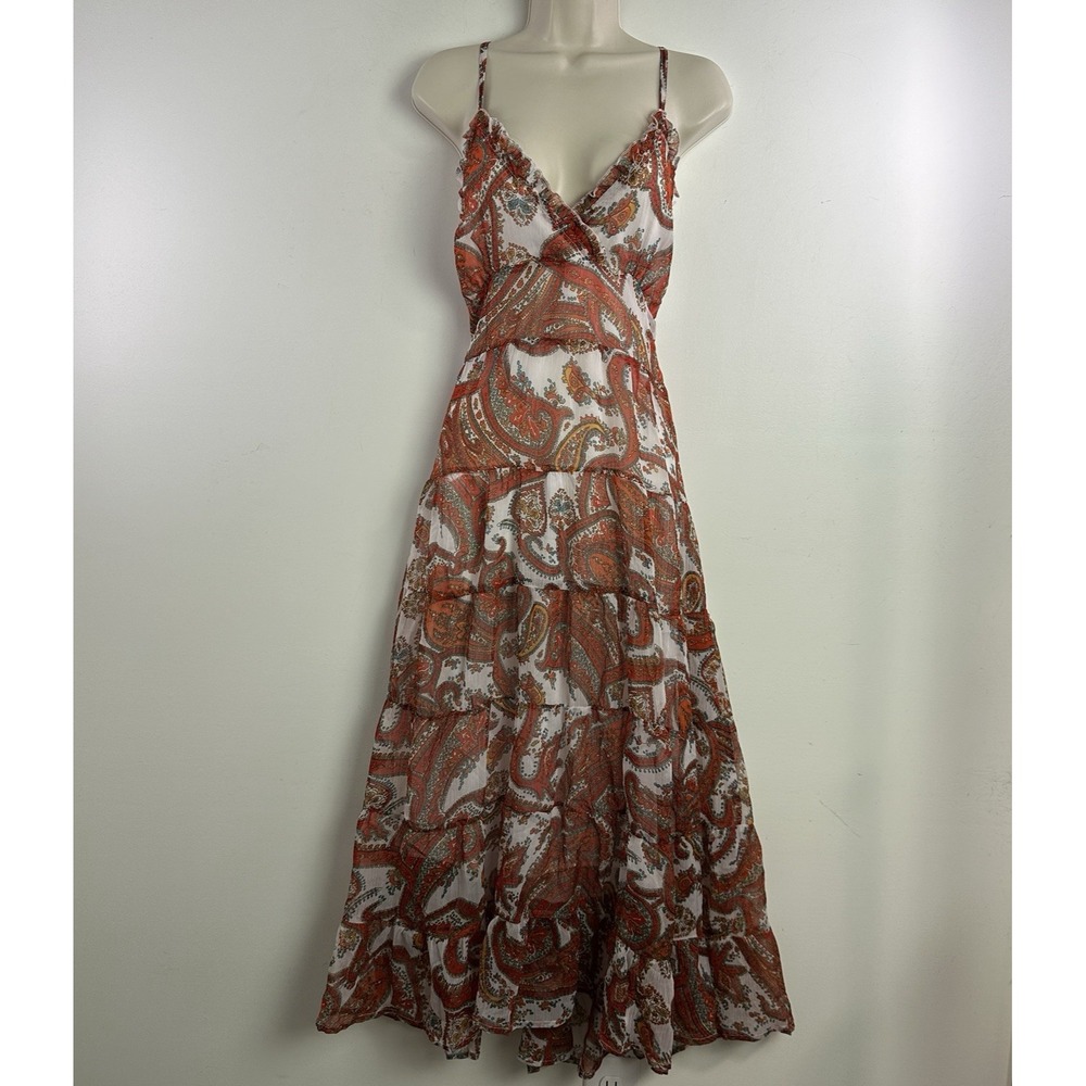 Floral Paisley Babydoll Maxi Dress XL Red Orange Boho Tiered Cottage Mesh NEW